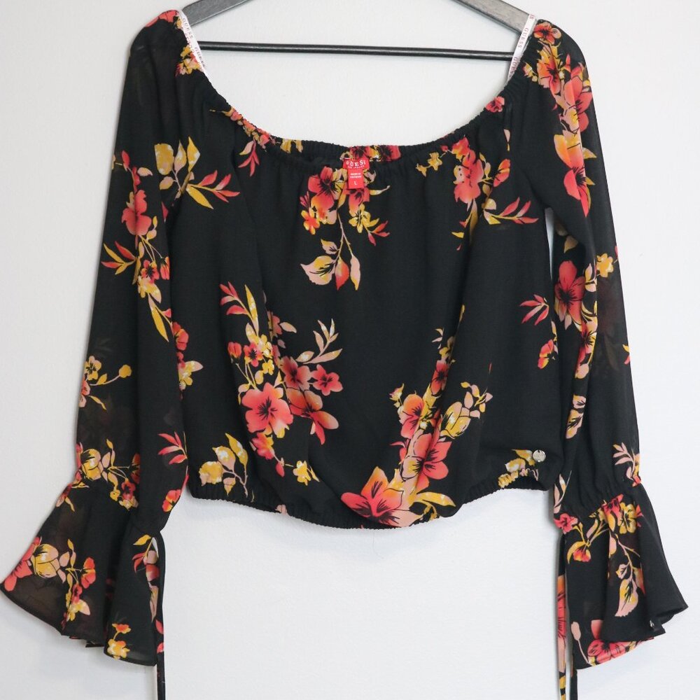 Flowered Off-Shoulder Long-Sleeve Guess Blouse – Size L